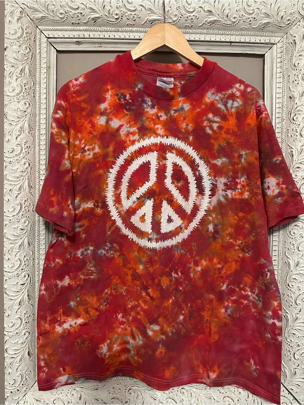 Vintage Hanes Red & Orange Tie-Dye Peace Sign Tee. Size XL